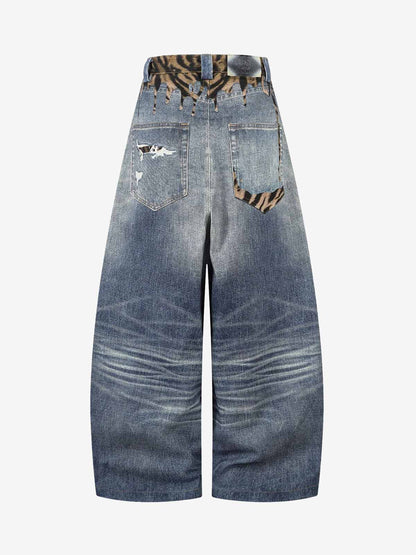 Denim Wide Leg Jeans with Tiger Print Patchwork and Ripped Details 
