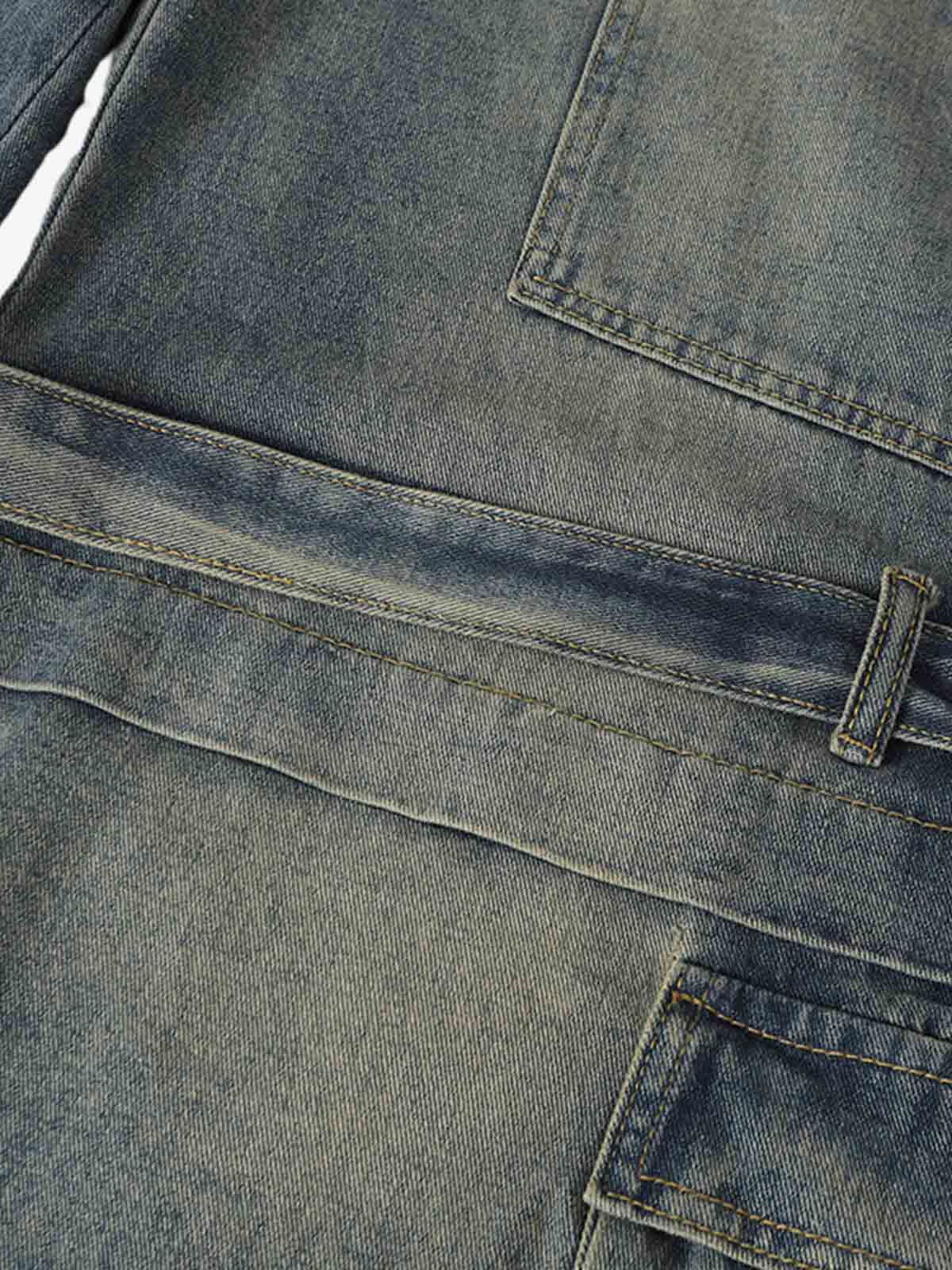 Braided Drawstring Waist Patchwork Cargo Jeans 