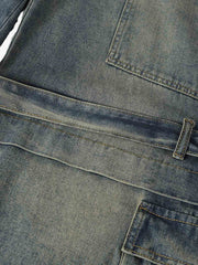 Braided Drawstring Waist Patchwork Cargo Jeans 