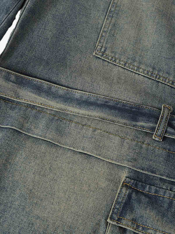 Braided Drawstring Waist Patchwork Cargo Jeans 