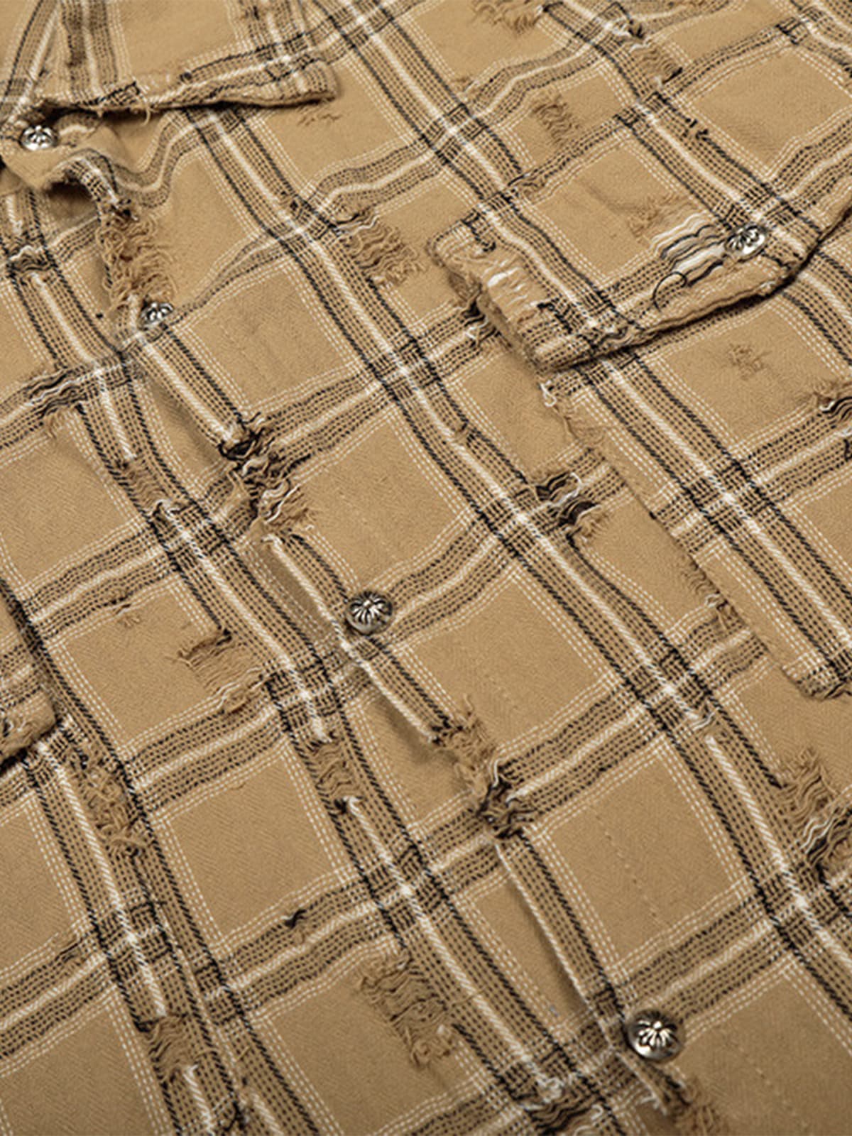 Ripped Plaid Cotton Long Sleeve Shirt for Men - Distressed Checkered Button-Up Casual overshirt 