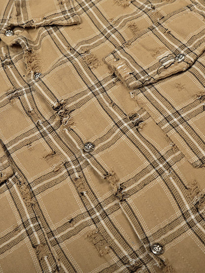 Ripped Plaid Cotton Long Sleeve Shirt for Men - Distressed Checkered Button-Up Casual overshirt 