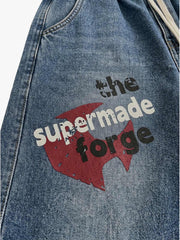 Denim Patchwork Pullover Sweatshirt & Graphic Wide-Leg Jeans Set
