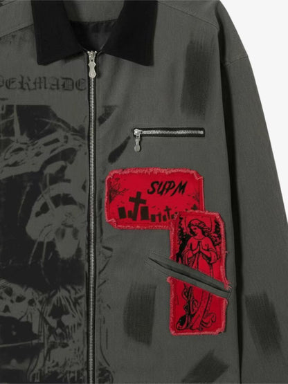 Gothic-Inspired Jacket with Red Patches and Graphic Prints 