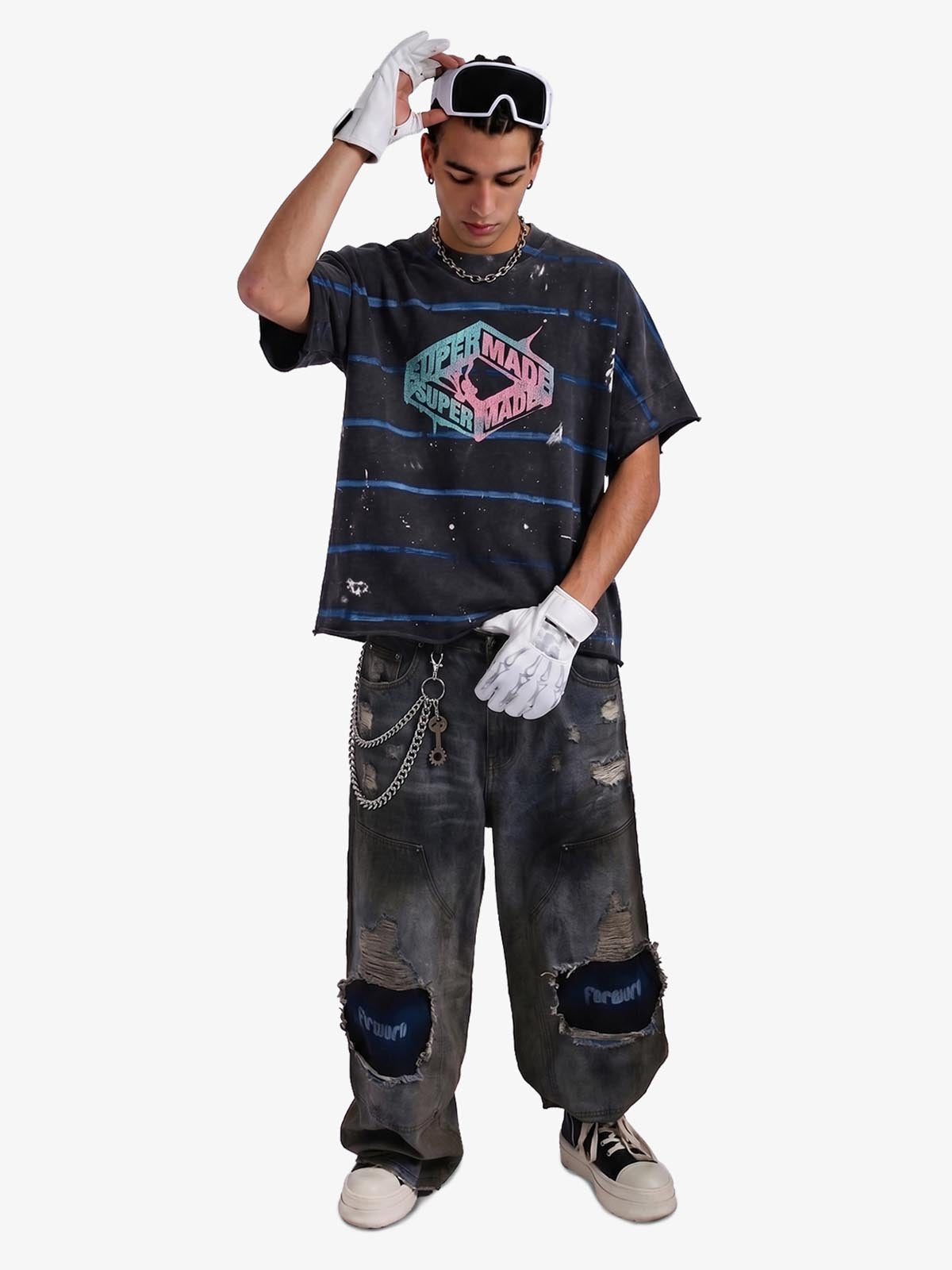 Vintage Washed Striped Paint Splatter Graphic T-Shirt 