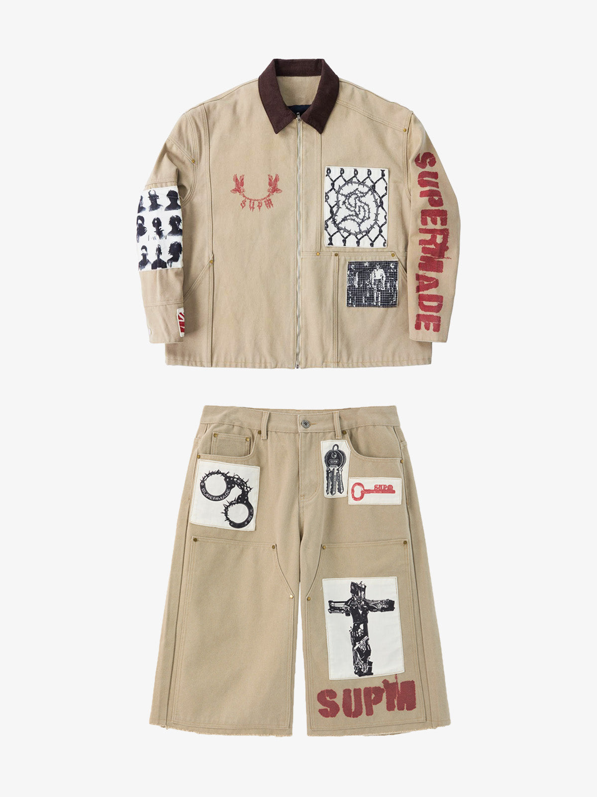 Supermade Multi-Element Appliqué Patchwork Denim Suit 