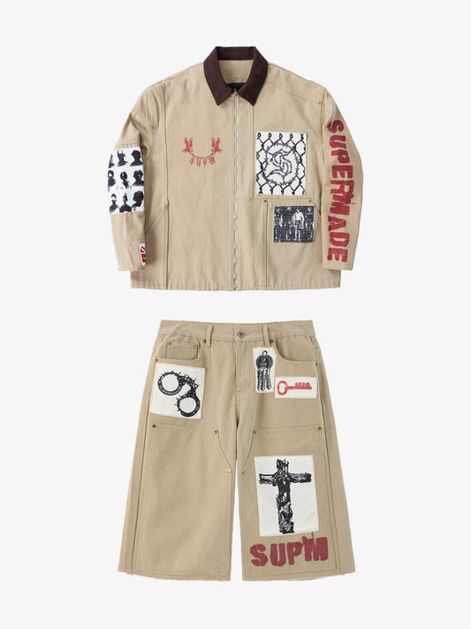 Supermade Multi-Element Appliqué Patchwork Denim Suit 