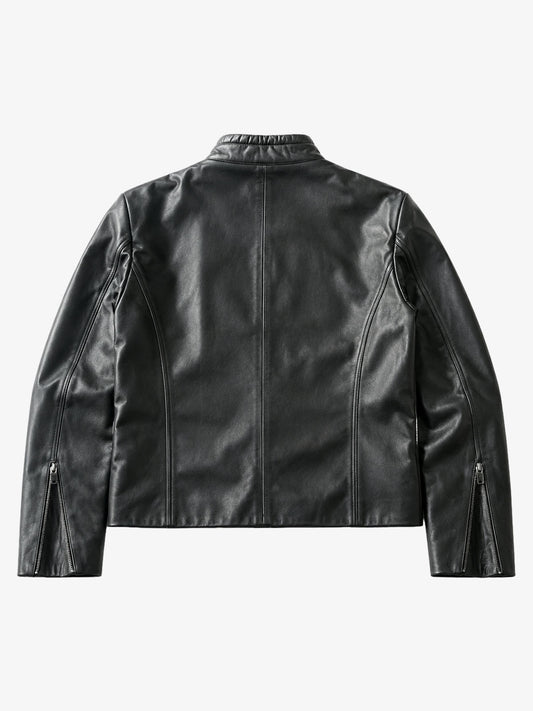 Curved-Panel Stand-Collar Cropped Biker Jacket