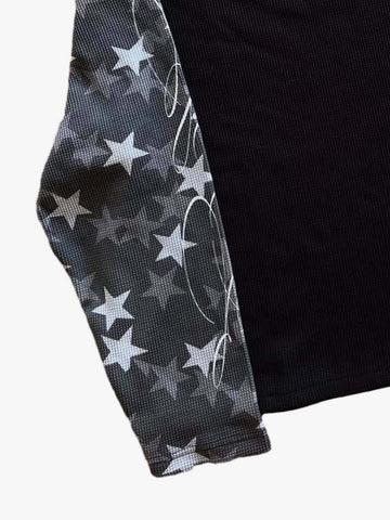 Camo Star Print Patchwork Waffle Boxy Long Sleeve Tee