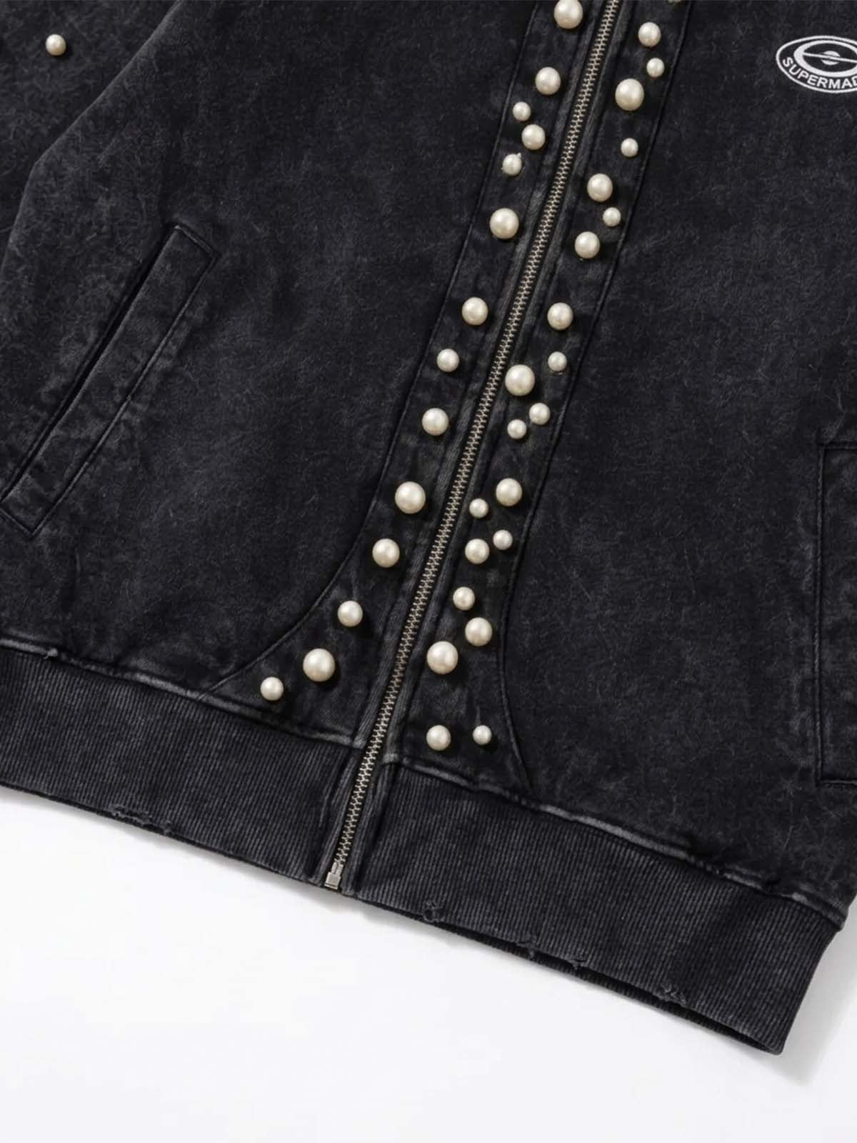 Pearl Studded Washed Distressed Cropped Hoodie