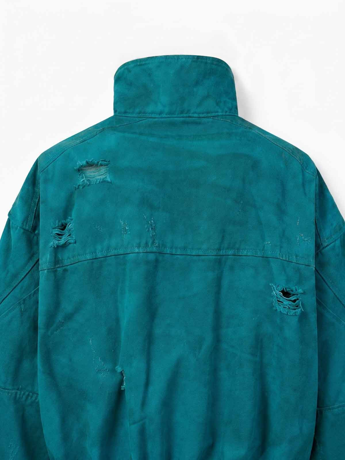 Embroidered Badge Distressed Fleece-Lined Teal Bomber Coat