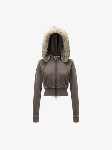 Distressed Faux Fur Slim Zip-Up Hoodie
