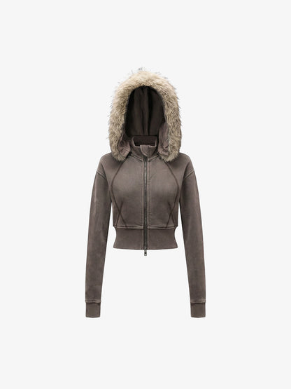 Distressed Faux Fur Slim Zip-Up Hoodie