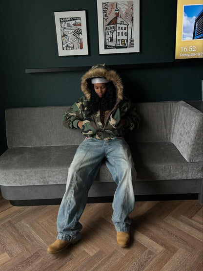 Camouflage Fur Collar Reversible Cotton Jacket - 2499 