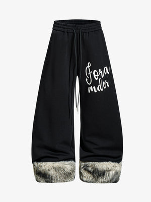 Faux Fur Spliced Hem Wide-Leg Sweatpants 
