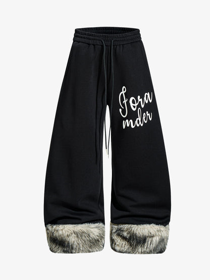 Faux Fur Spliced Hem Wide-Leg Sweatpants 