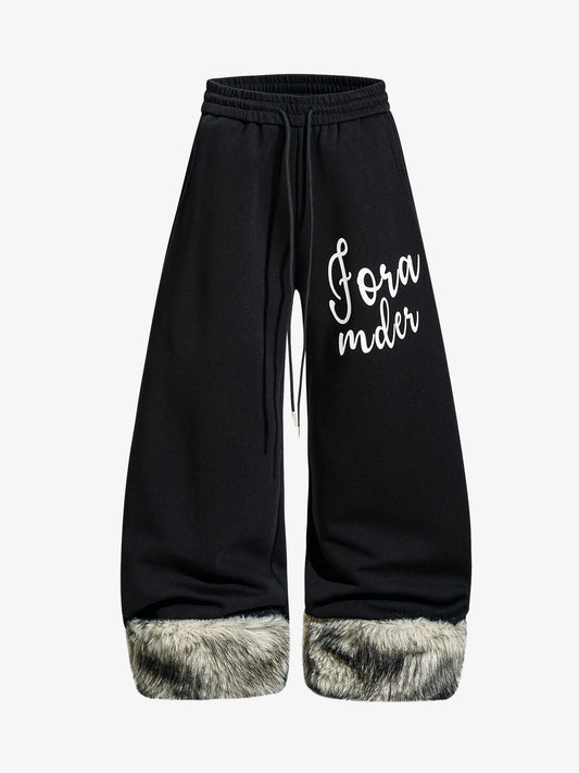 Faux Fur Spliced Hem Wide-Leg Sweatpants 
