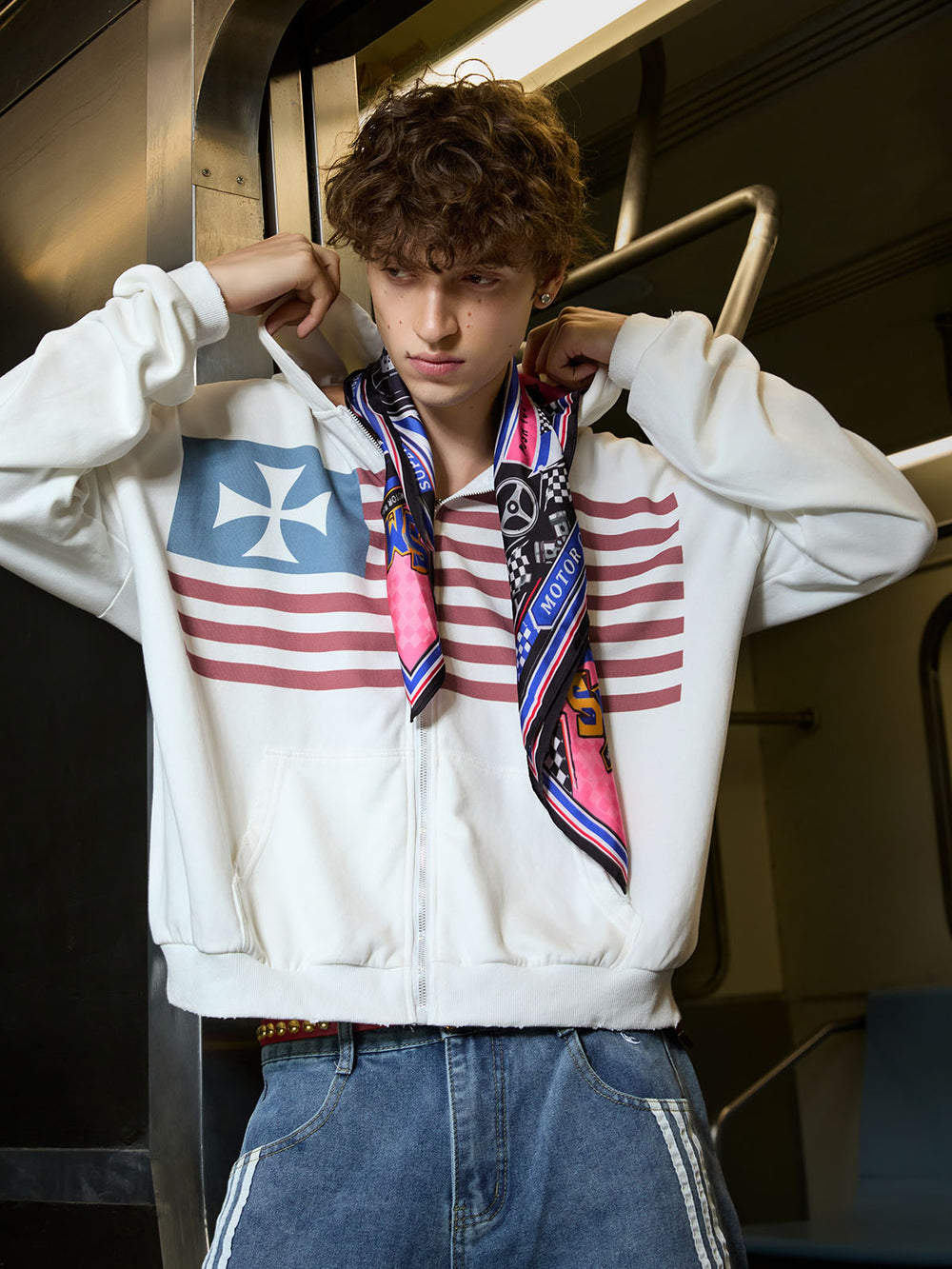 Cropped Flag Zip Hoodie