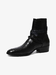 Embossed Genuine Leather Buckle Ankle Boots