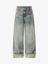 Cotton Denim Wide Leg Jeans with Leopard Print Trim High-Waisted Relaxed Fit Pants for Men and Women 