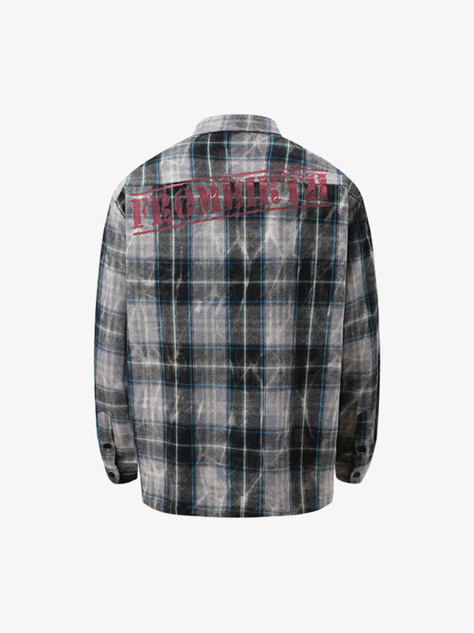 Thesupermade Street Hip-hop Washed Distressed Mottled Plaid Red Print Long-sleeved Shirt 
