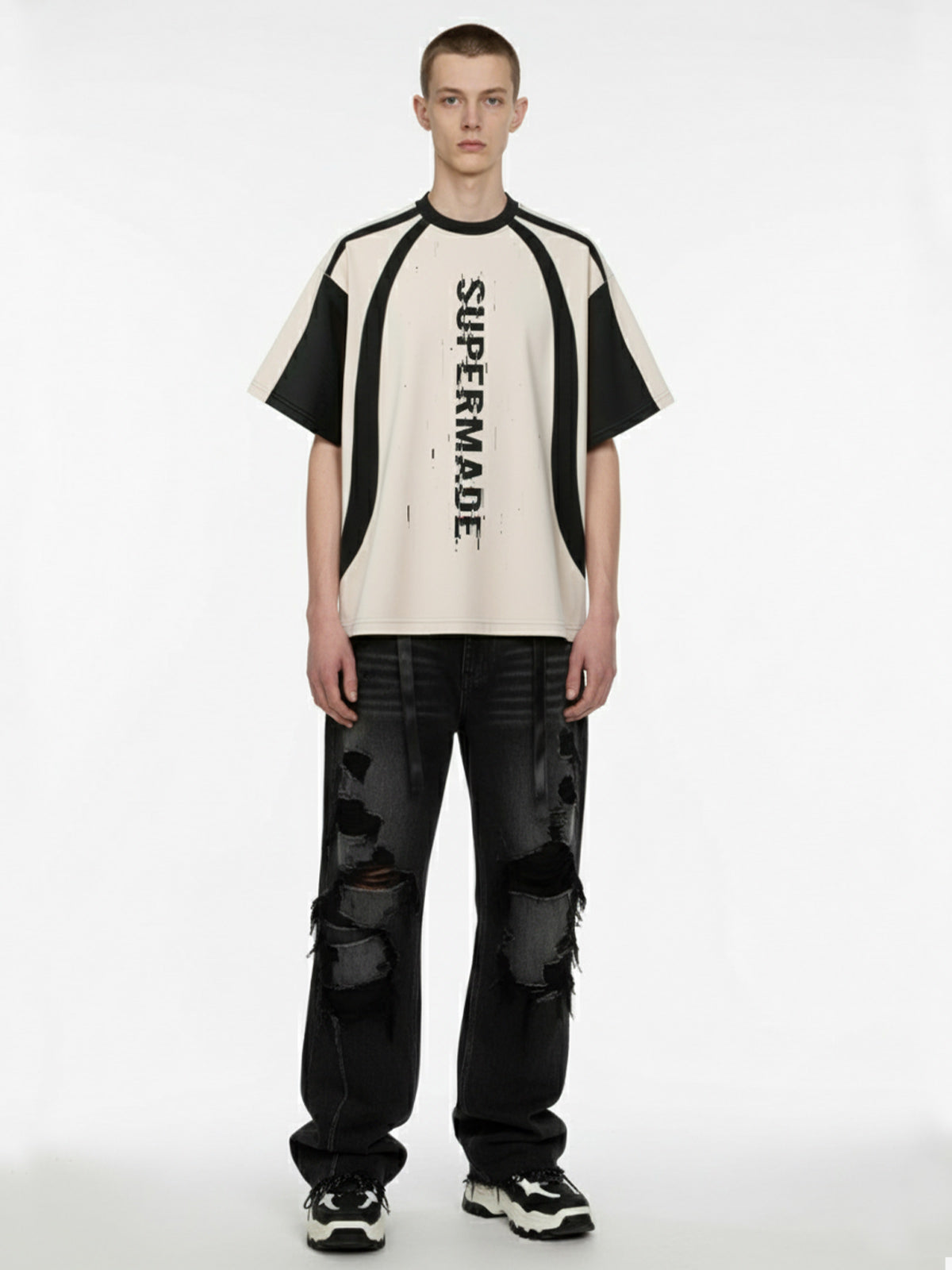 Thesupermade Vertical Glitch Art Deconstruction Contrast Color Stitching Print T-shirt 