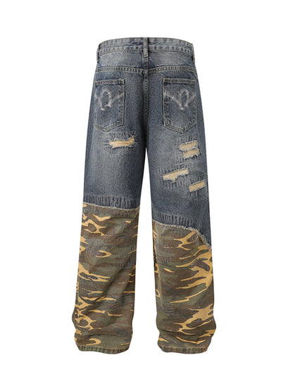 Distressed Camouflage Patchwork Jeans 