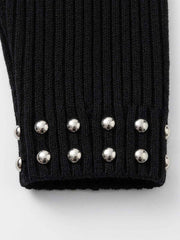 Studded Gothic Letter Stand-Collar Zip Knit Sweater