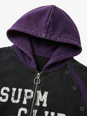 Contrast Panel Studded Zip-Up Hoodie