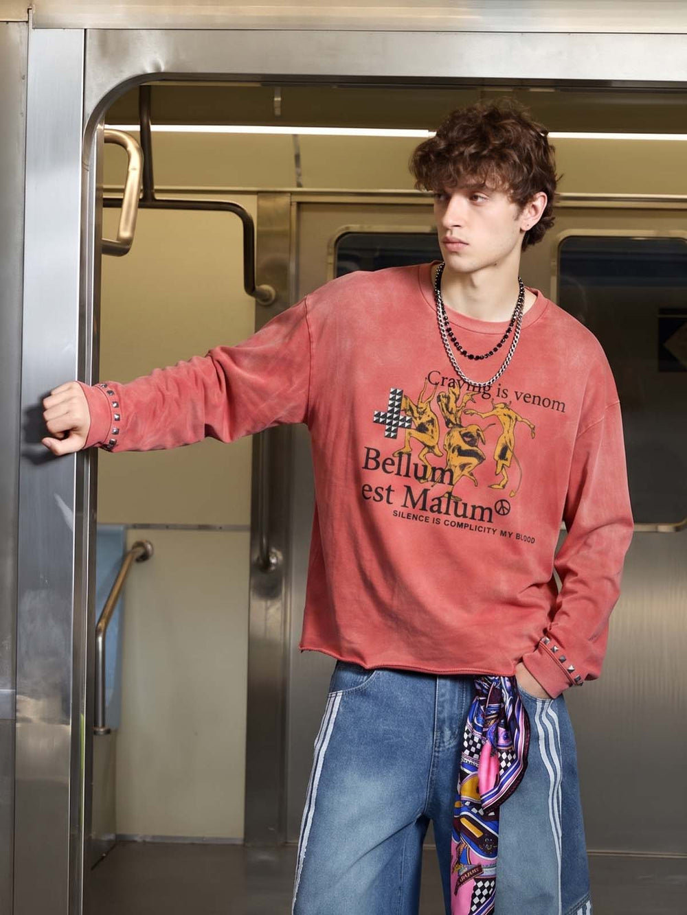 Devil Graphic Studded Garment-Washed Long Sleeve Top