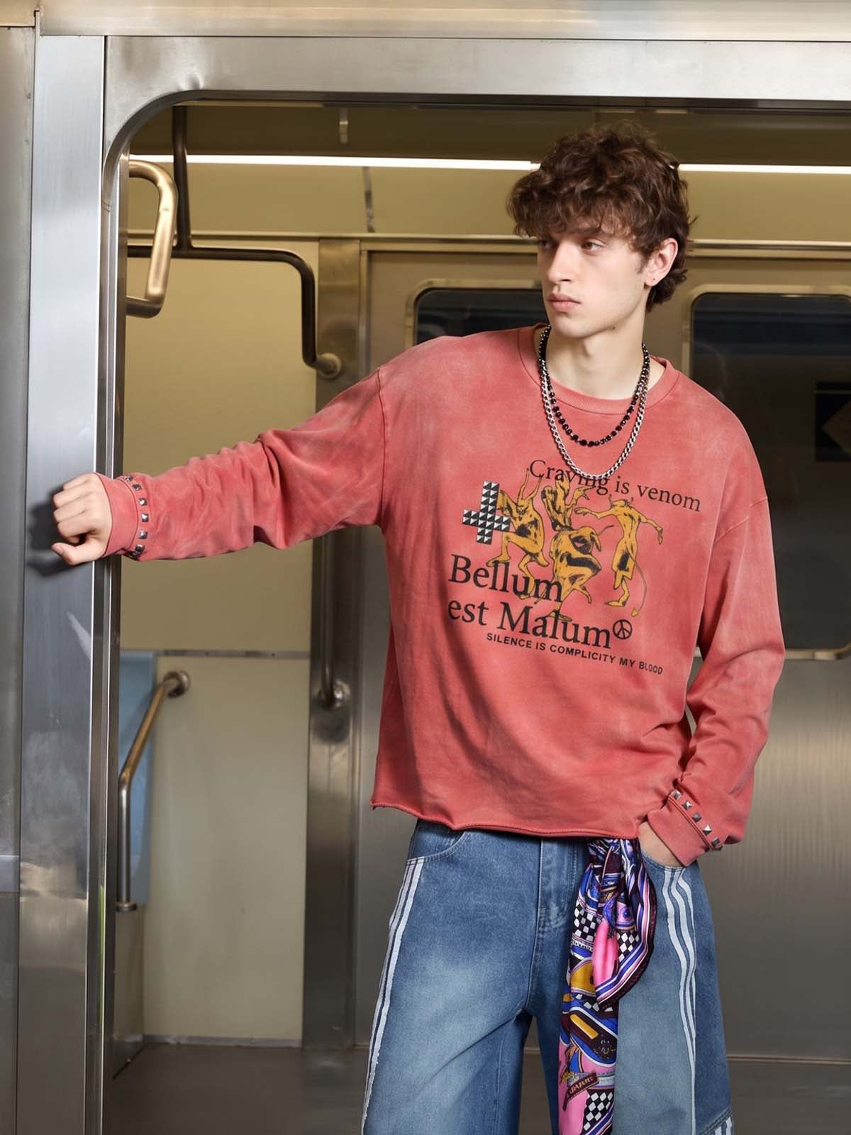 Devil Graphic Studded Garment-Washed Long Sleeve Top