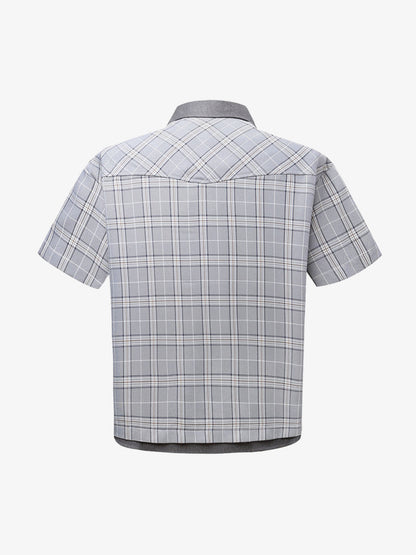 Faux Two-piece Pearl Button Plaid Short-sleeved Shirt 