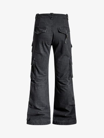 Vintage Washed Multi-Pocket Adjustable Strap Flare Cargo Pants 