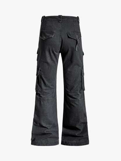 Vintage Washed Multi-Pocket Adjustable Strap Flare Cargo Pants 