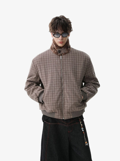 Plaid Bomber Jacket with Faux Fur Collar - Perfect for Casual Winter Wear 