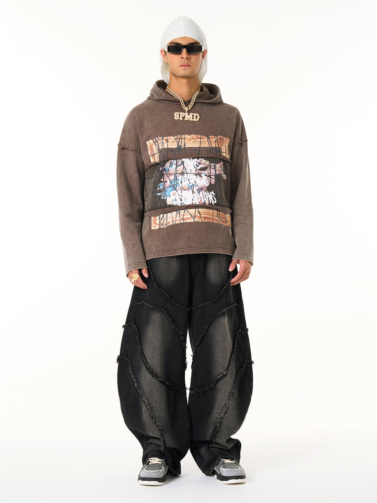 Distressed Hooded Sweatshirt with a Famous Painting of Thorn Destruction 