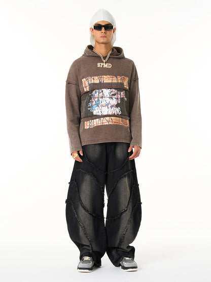 Distressed Hooded Sweatshirt with a Famous Painting of Thorn Destruction 