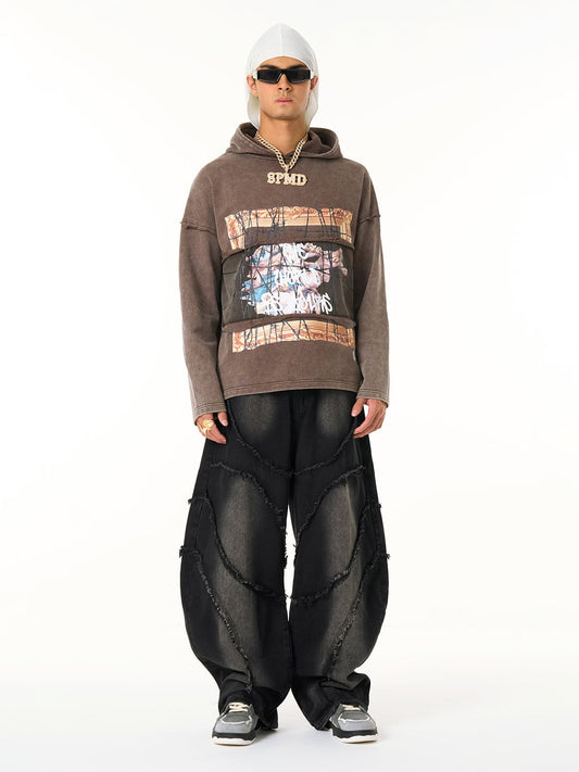 Distressed Hooded Sweatshirt with a Famous Painting of Thorn Destruction 