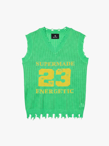 Number Graphic Distressed Mesh Knit Tank Top