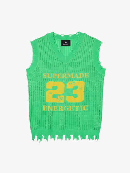 Number Graphic Distressed Mesh Knit Tank Top