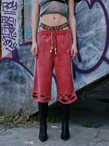 Distressed Ripped Red Culotte Jorts 