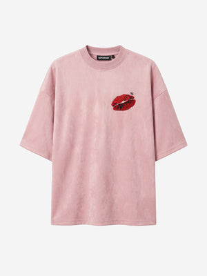 Red Lip Embroidered Suede Tee