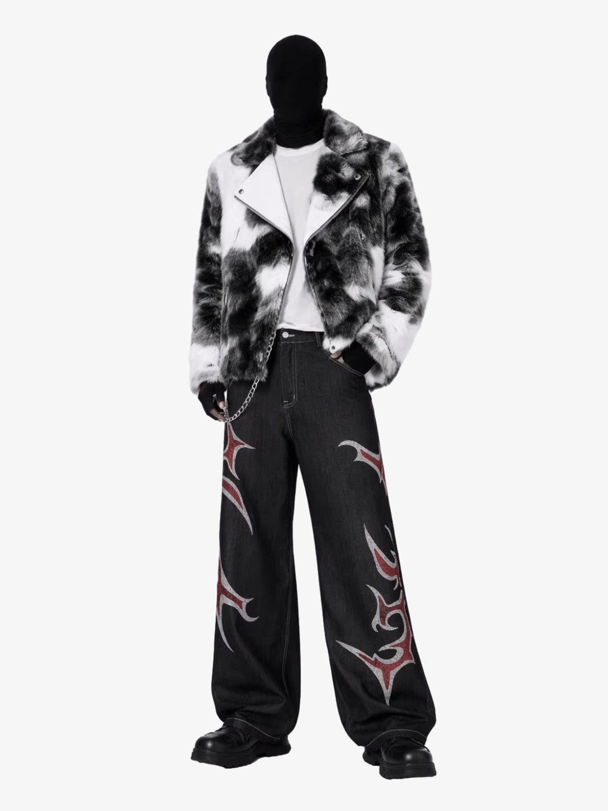 Denim Wide Leg Pants with Red Embroidery Design for Women Fashion Streetwear 