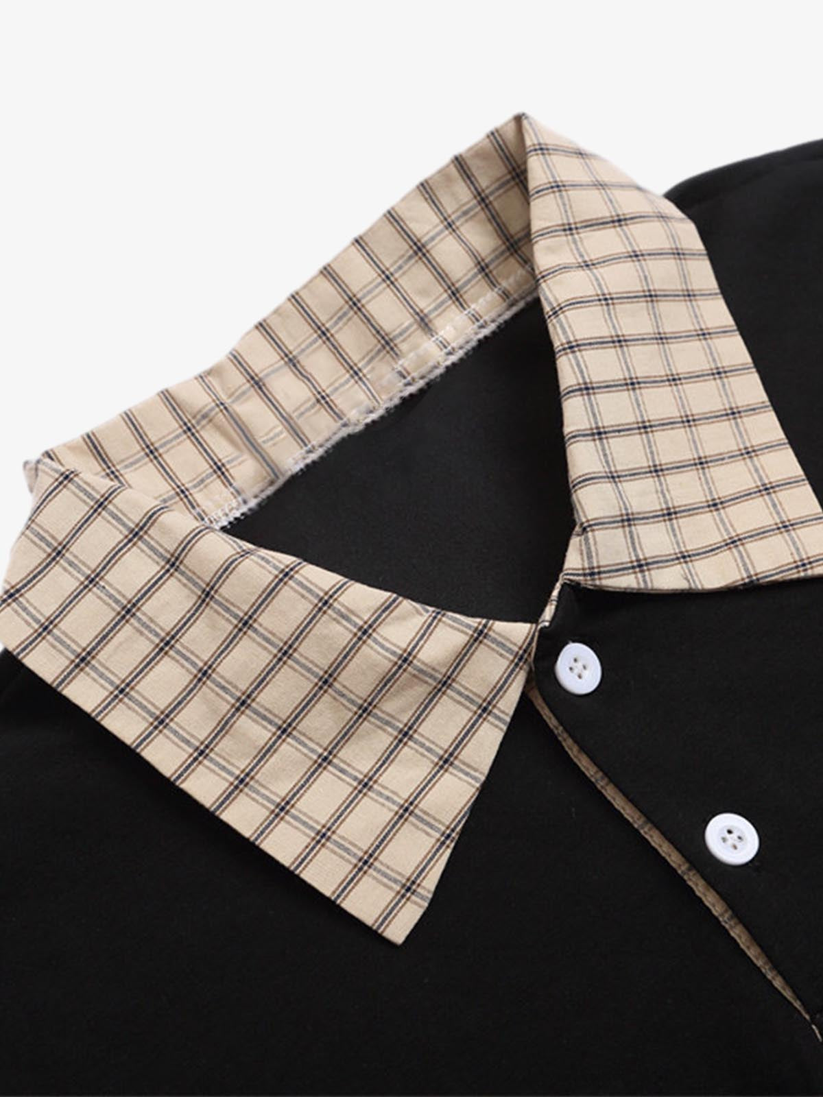 Plaid Patchwork Faux Two-Piece Lapel Polo Shirt 