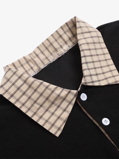 Plaid Patchwork Faux Two-Piece Lapel Polo Shirt 