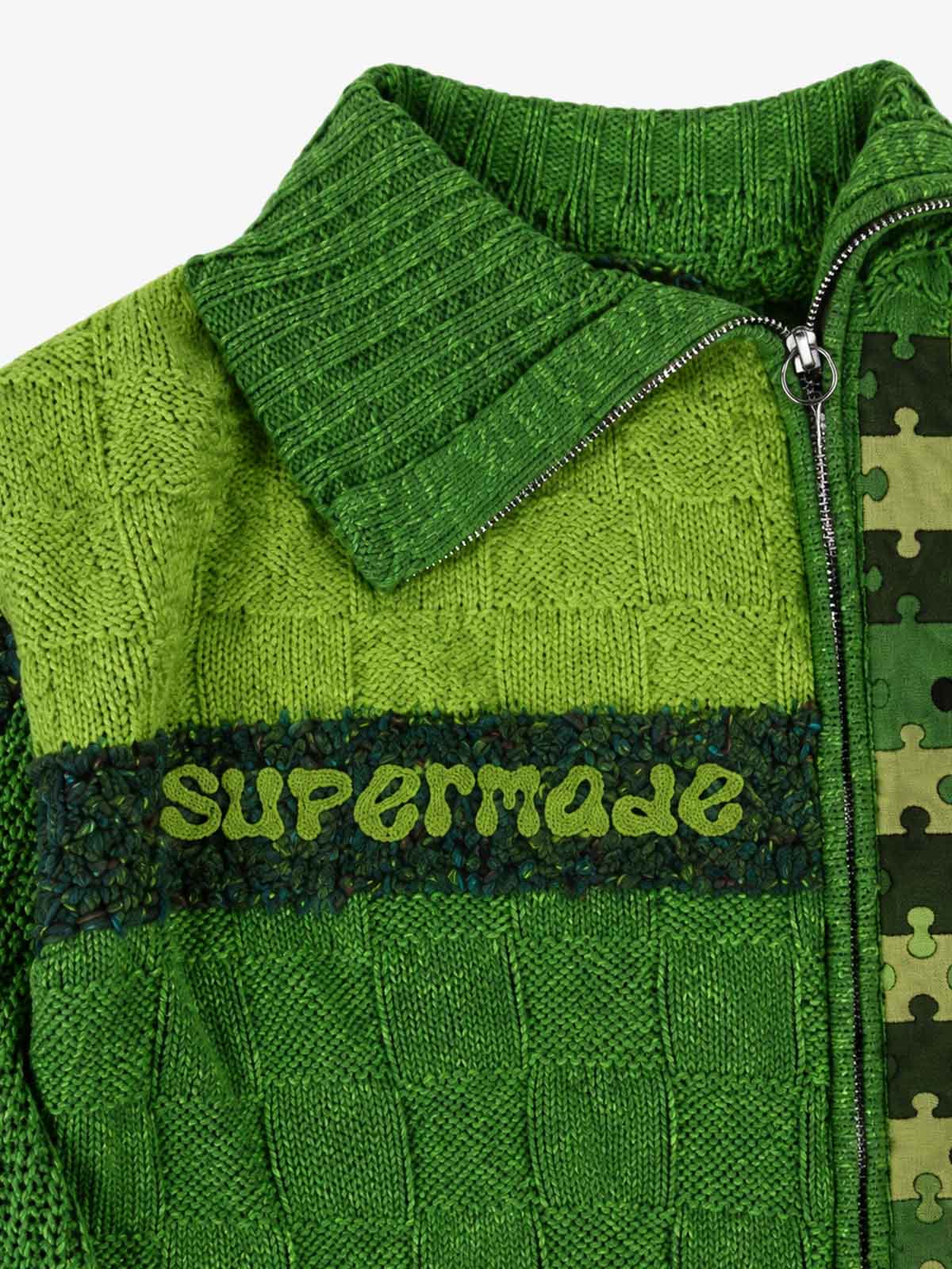 Camo Patchwork Cropped Zip Knit Sweater; Green / S, Green / M, Green / L, Green / XL, Green / 2XL