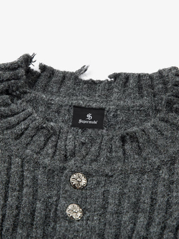 Knitted Distressed Diamond Pattern Raw Edge Sweater 
