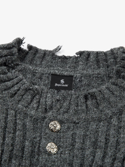 Distressed Ribbed Henley Sweater for Casual Elegance 