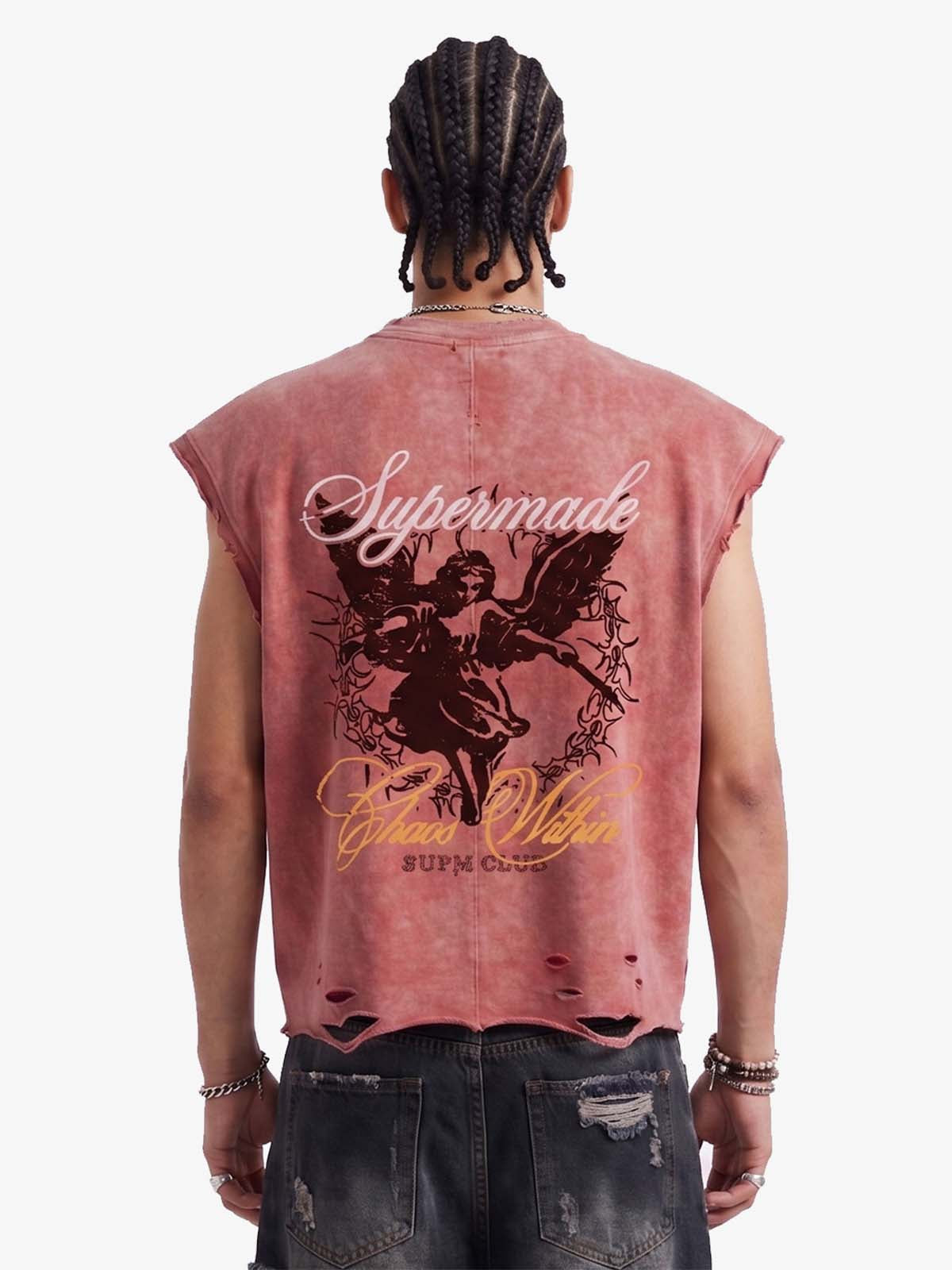 Vintage Washed Distressed Angel Graphic Sleeveless T-Shirt