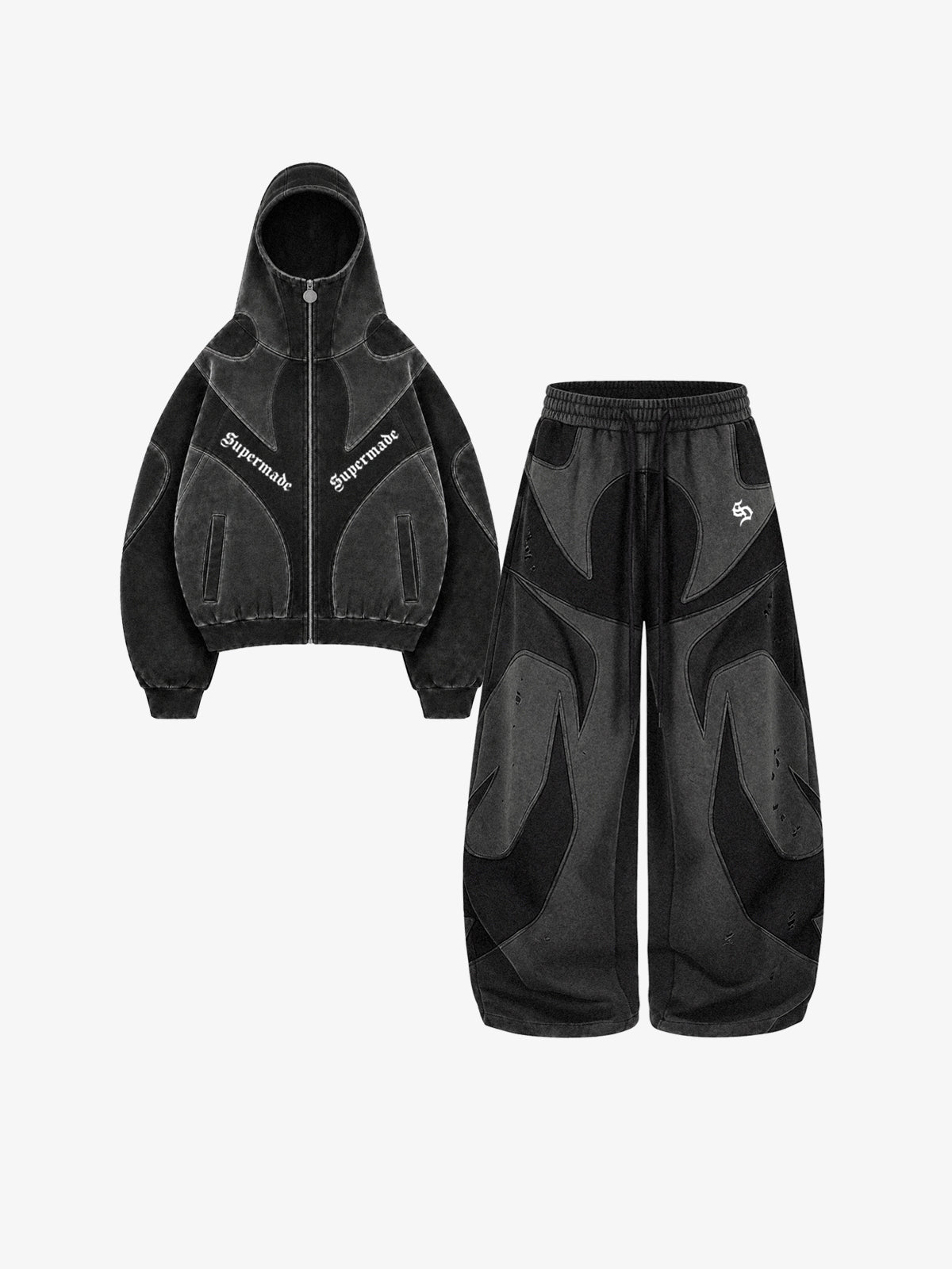 Washed Panelled High-Neck Zip Hoodie & Wide-Leg Sweatpants Set